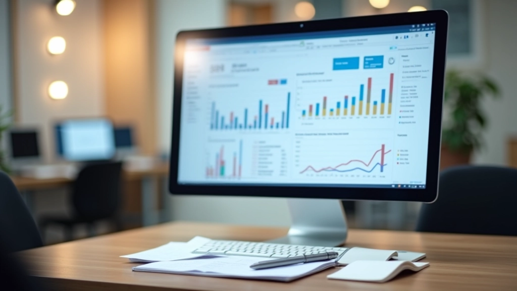 Laptop-Monitor zeigt Finanz-Analysedashboard mit Grafiken, Trendlinien und Ausgabenkategorien, Schreibtisch mit Notizen