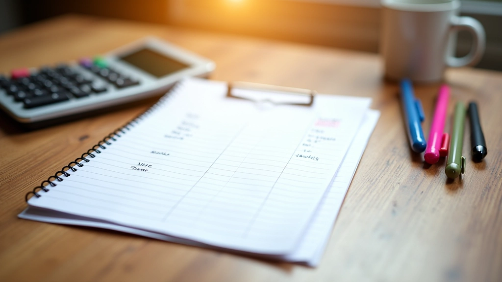 Handschriftliches Budget-Notizbuch mit Stift und Taschenrechner auf Holztisch