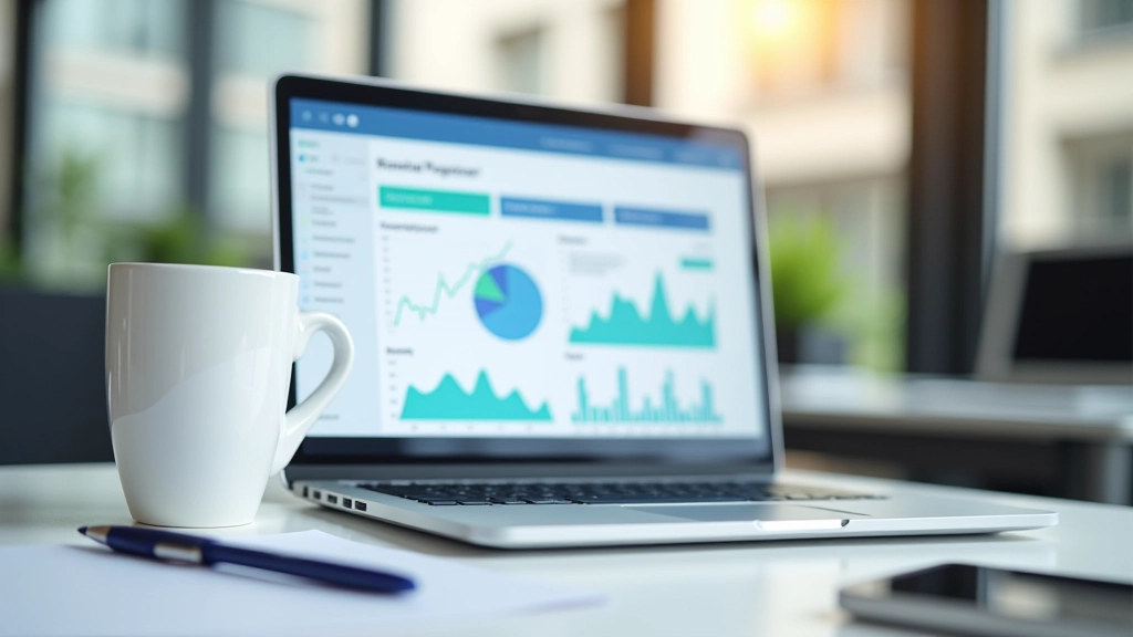 Laptop auf Schreibtisch mit Finanz-Dashboard und Diagrammen, Kaffeetasse daneben