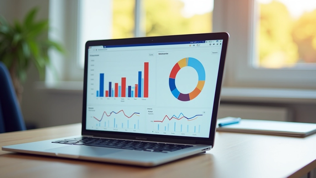 Laptop-Bildschirm zeigt Finanz-Dashboard mit Grafiken und Tabellen in modernem Interface