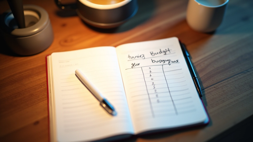 Notizbuch mit handgeschriebenen Budget-Kategorien, Stift, Kaffeetasse auf Schreibtisch, warmes Licht von links, scharf fokussiert