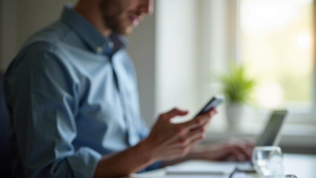 Person hält Smartphone mit Budget-App-Interface, sitzt am Schreibtisch mit Laptop im Hintergrund, helles Tageslicht