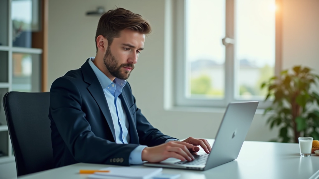 Laptop mit Finanz-Dashboard und automatisierten Geldflüssen, helles Büro mit Pflanze