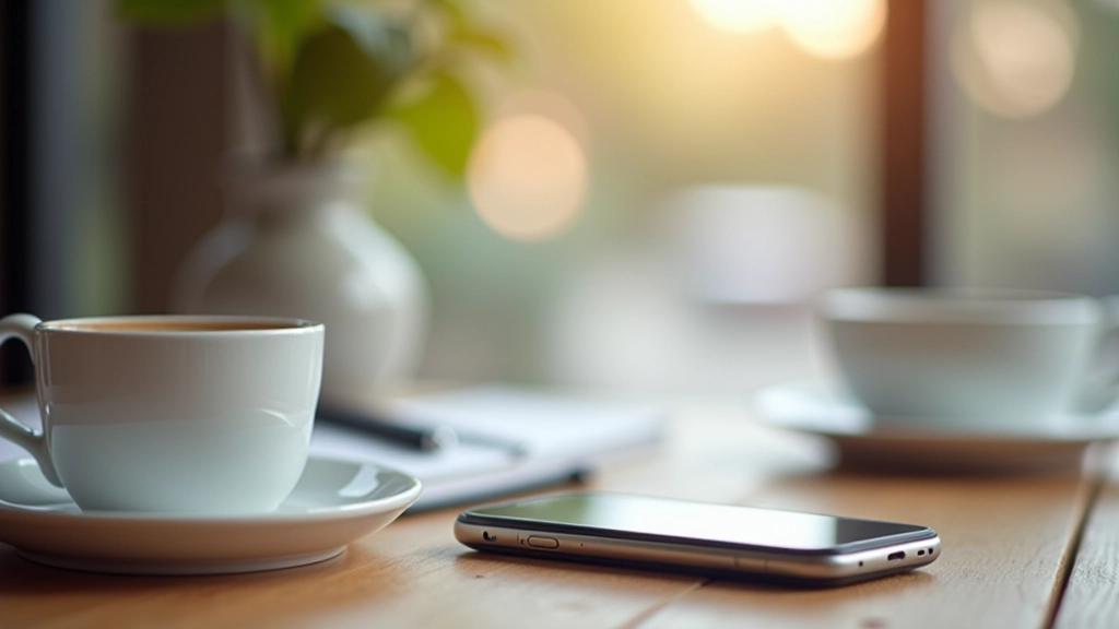 Smartphone mit Budget-App-Interface, auf Holztisch mit Notizen und Kaffee
