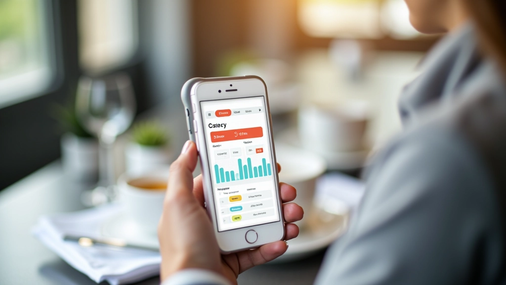 Smartphone-Bildschirm zeigt Finanz-App mit Ausgaben-Dashboard, Balkendiagrammen und Kategorien, Hand hält Telefon