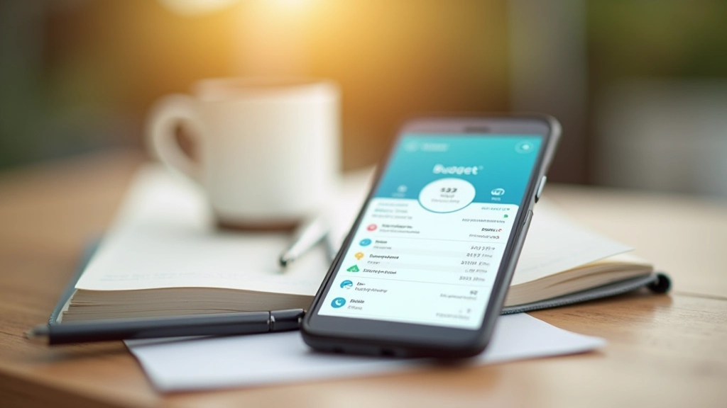 Smartphone auf Schreibtisch mit Budget-App, daneben Notizbuch und Stift