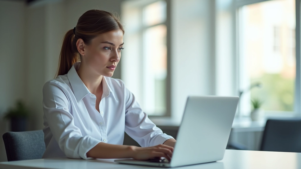 Frau sitzt am Laptop und überprüft Budget-Dashboard, konzentrierter Gesichtsausdruck, modernes Büro mit natürlichem Licht